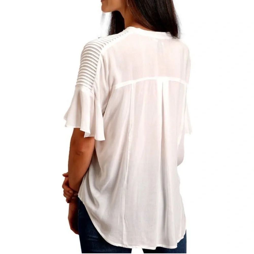 Women’s White Blouse Top Loose Fit Flowy Short Sleeve Basic Everyday Casual - Picture 6 of 11